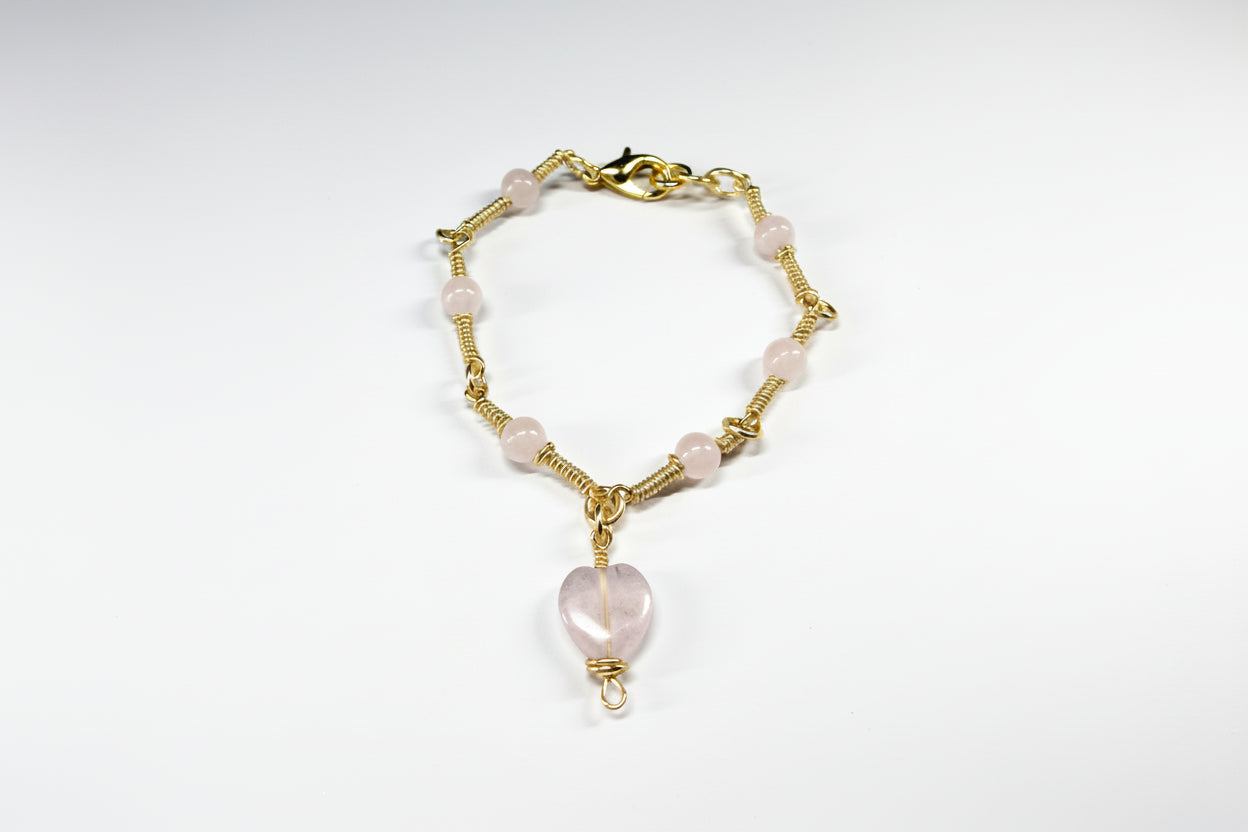 Copper Wrapped Fluorite Heart Charm Crystal & Rose Quartz Beads Bracelet with Lobster Clasp