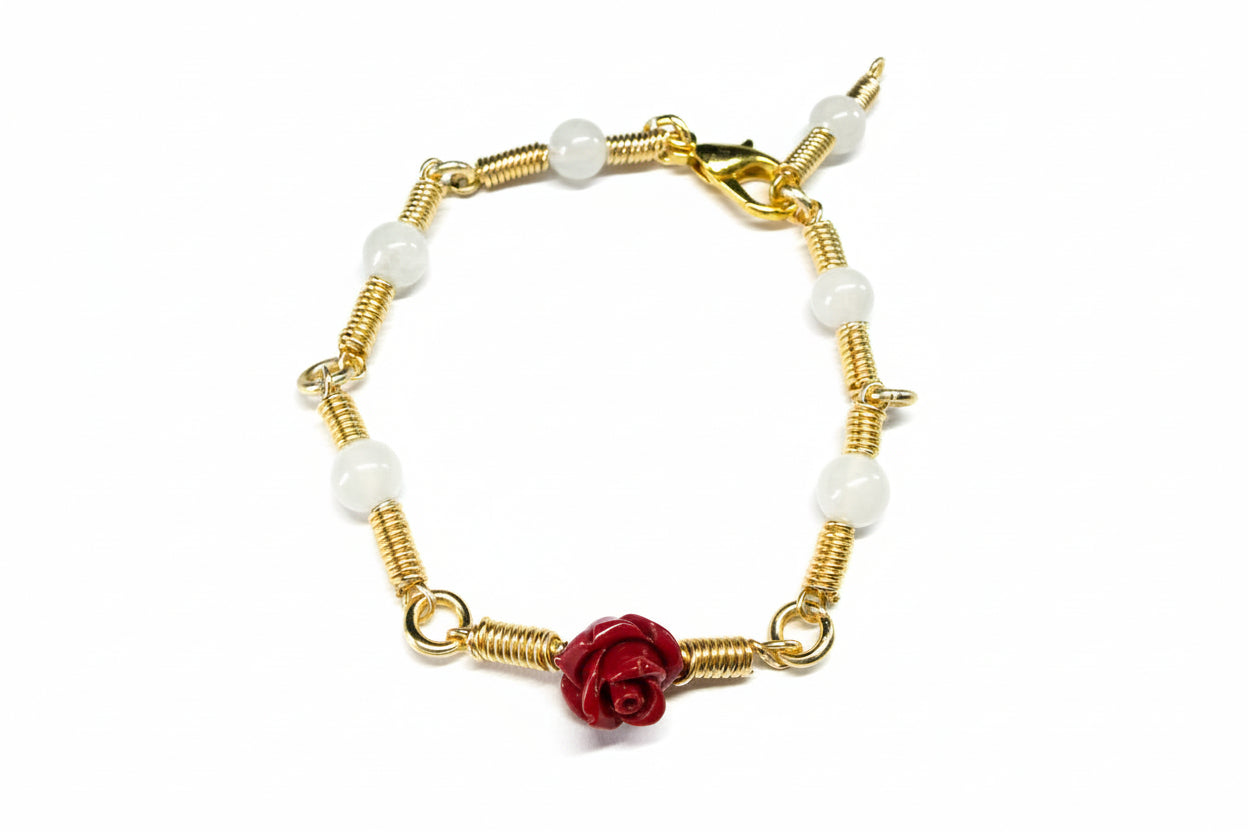 Copper Wrapped Moon Stone Resin Rose Bracelet with Lobster Clasp
