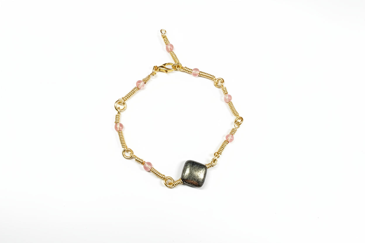 Copper Wrapped Pyrite Crystal & Cherry Quartz Beads Bracelet with Lobster Clasp