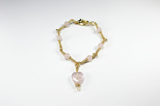 Copper Wrapped Fluorite Heart Charm Crystal & Rose Quartz Beads Bracelet with Lobster Clasp