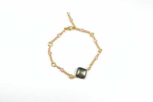 Copper Wrapped Pyrite Crystal & Cherry Quartz Beads Bracelet with Lobster Clasp