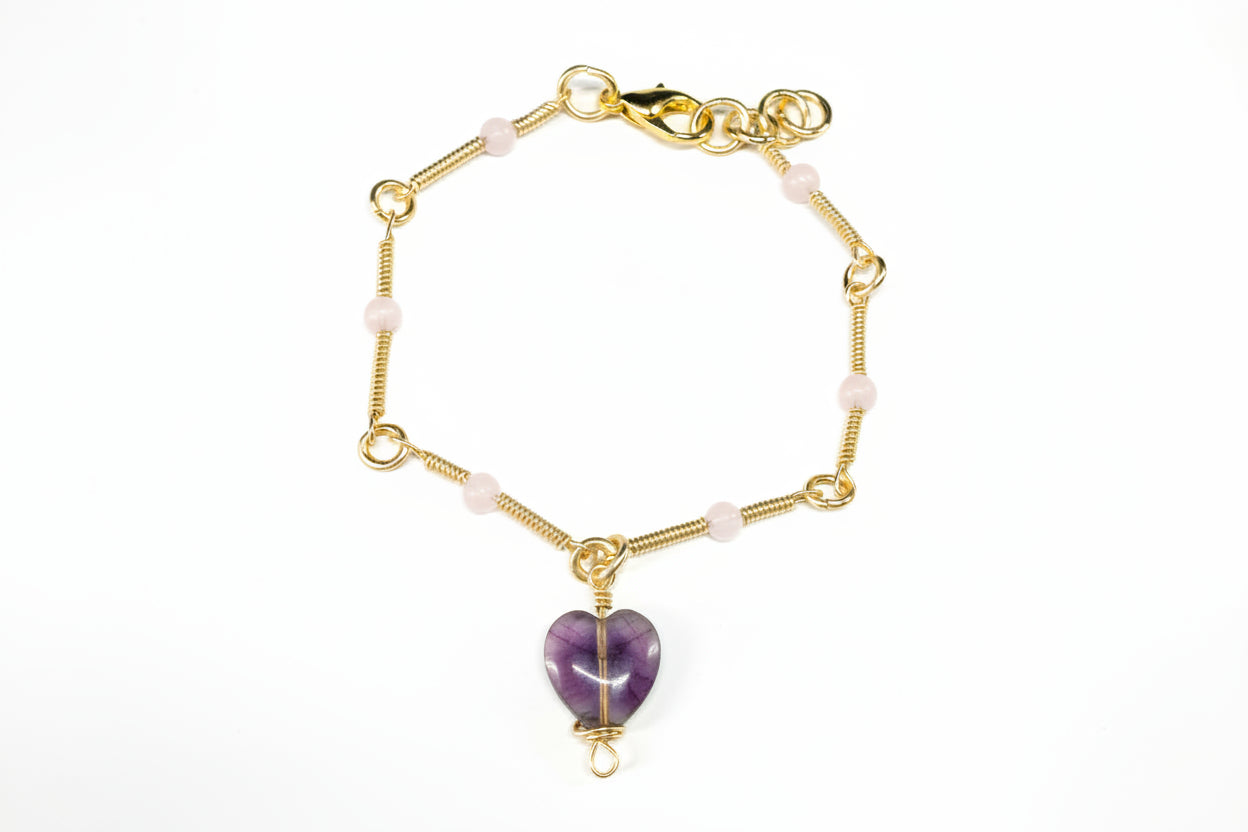 Copper Wrapped Rose Quartz Beads with Fluorite Heart Charm Bracelet with Lobster Clasp