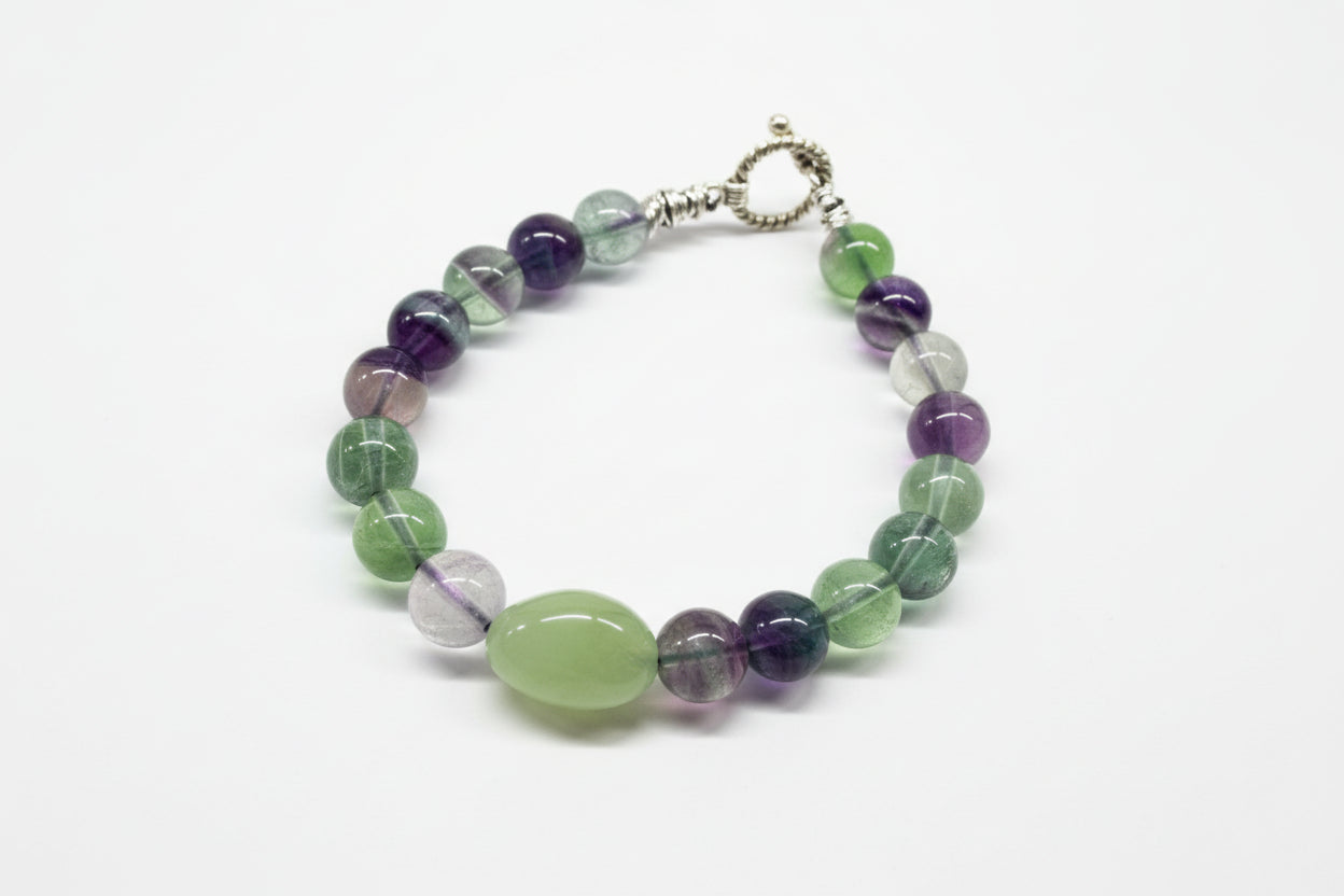 Fluorite Beads Green Quartz Crystal Center Copper Wrapped Edge Bracelet with a Toggle Clasp