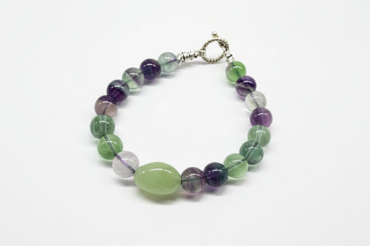 Fluorite Beads Green Quartz Crystal Center Copper Wrapped Edge Bracelet with a Toggle Clasp