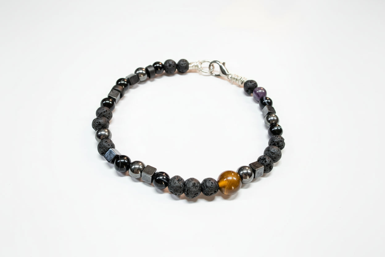 Lava Stone Beads, Hematite, Agate & Tiger's Eye Bracelet with Lobster Clasp