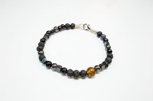 Lava Stone Beads, Hematite, Agate & Tiger's Eye Bracelet with Lobster Clasp