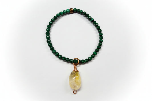 Malachite Beads Citrine Crystal Center Copper Wrapped Bracelet