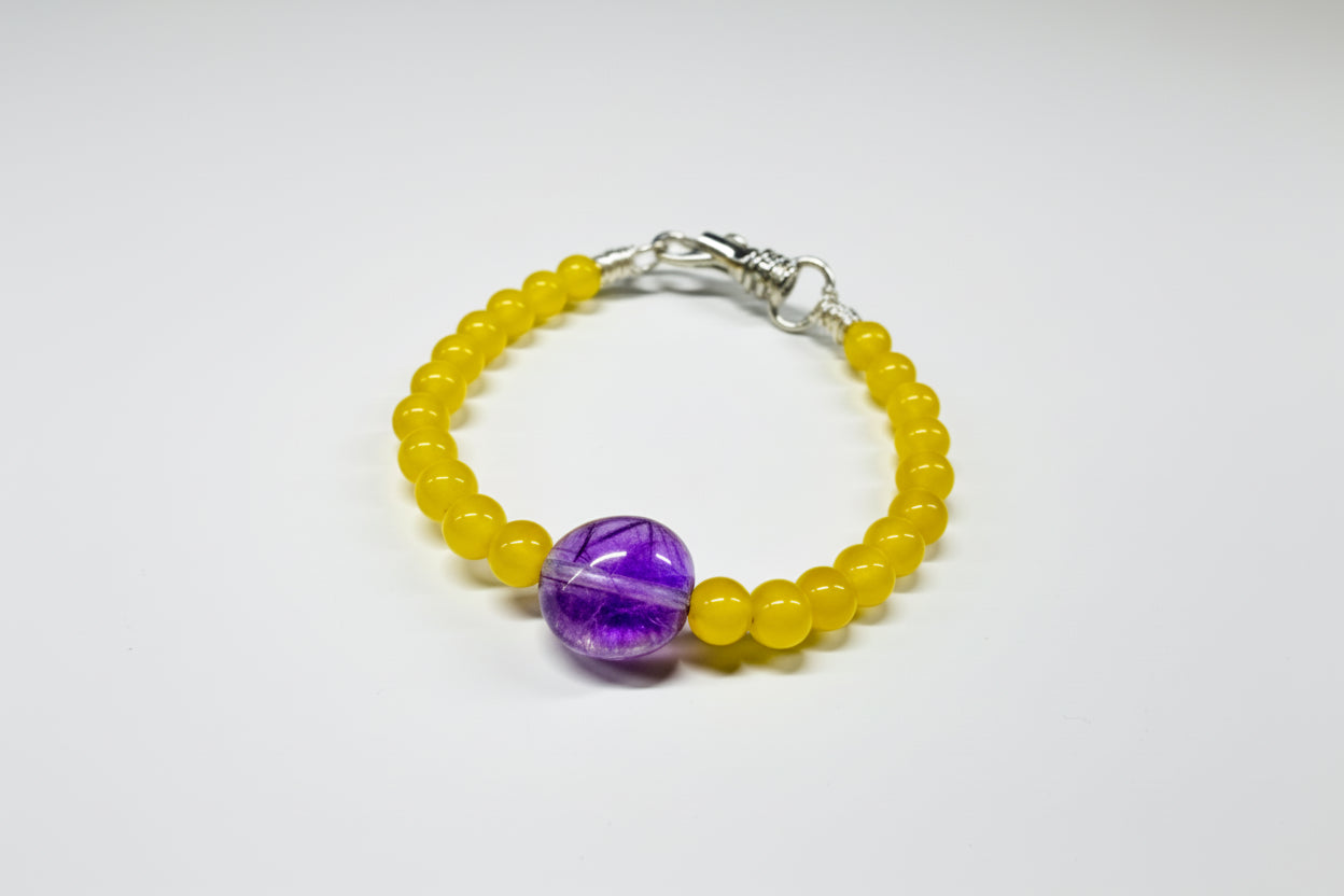 Yellow Jade Beads Amethyst Crystal Center Copper wrapped Edges with a Lobster Clasp