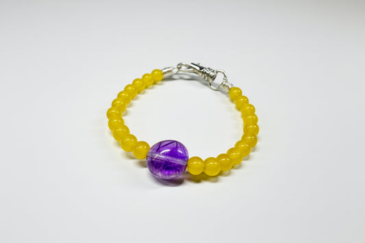 Yellow Jade Beads Amethyst Crystal Center Copper wrapped Edges with a Lobster Clasp
